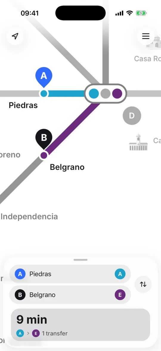 Global Metro Map on iPhone: a route from Piedras to Belgrano, 9 minutes with one transfer.