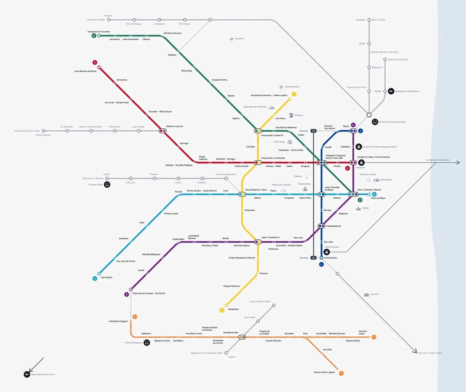 The full Buenos Aires metro diagram: Subte lines A to H, Premetro and trains.